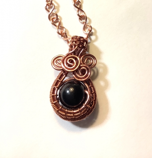 Copper Wire Woven Pendant with Black Obsidian Bead